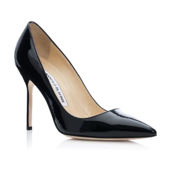 MANOLO BLAHNIK Pump Heels Black BB 115 EU 38 Patent Leather Pointed Toe Stiletto - Picture 1 of 14